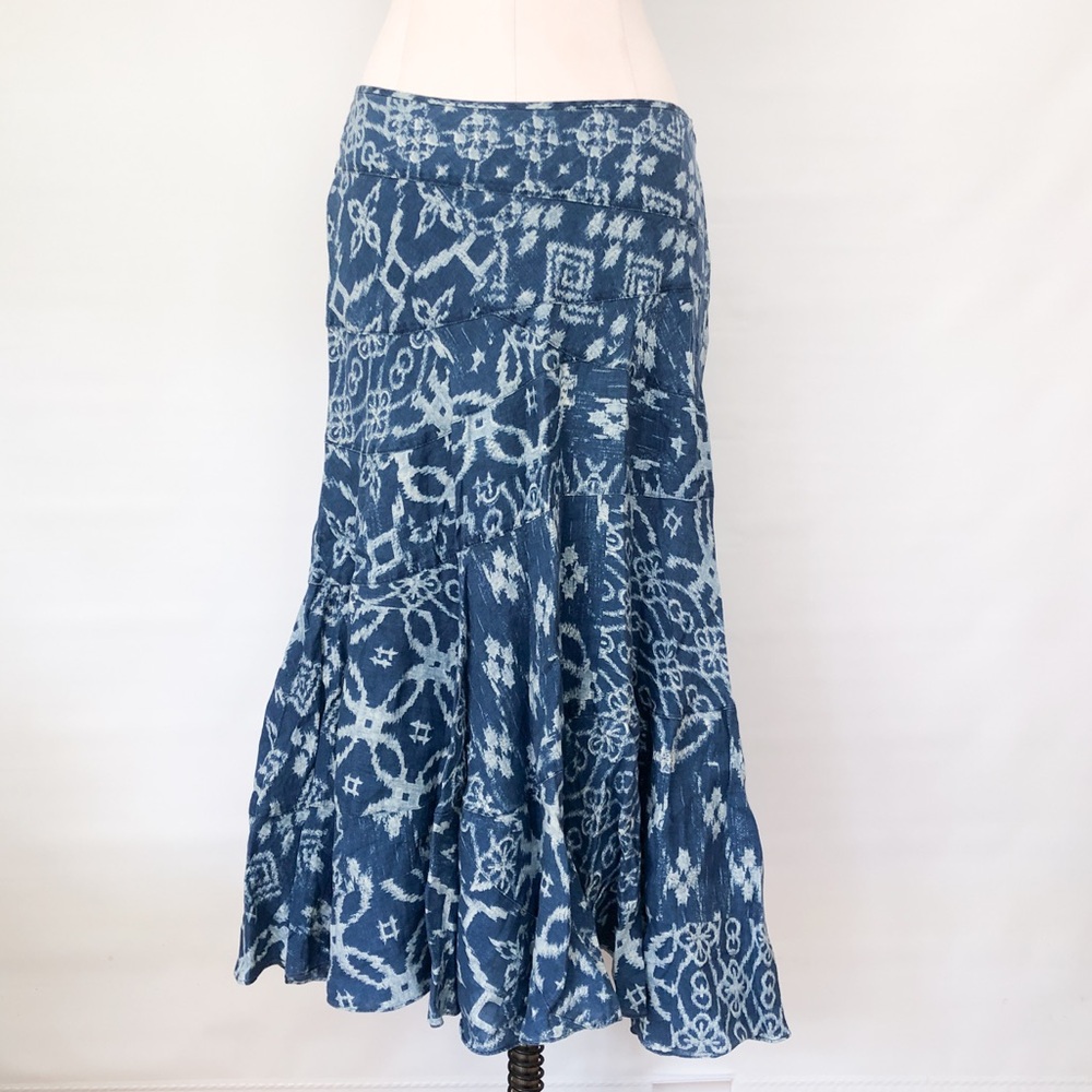 Ralph Lauren 100% linen skirt Denim blue print teared full-sweep 6 Cottage Core